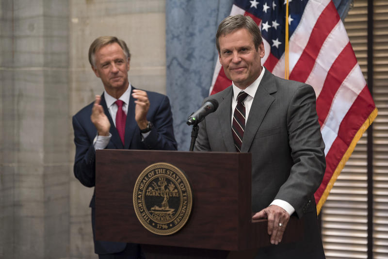 Governor Bill Lee speaks as Haslam looks on