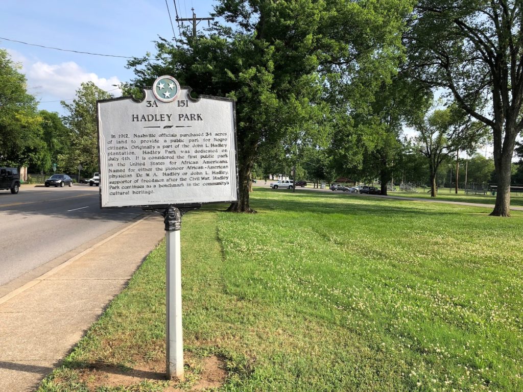 A marker outside Hadley Park in North Nashville