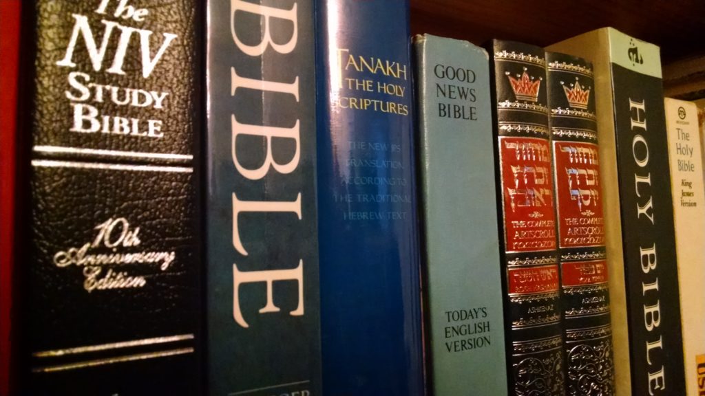 Bibles on a bookshelf