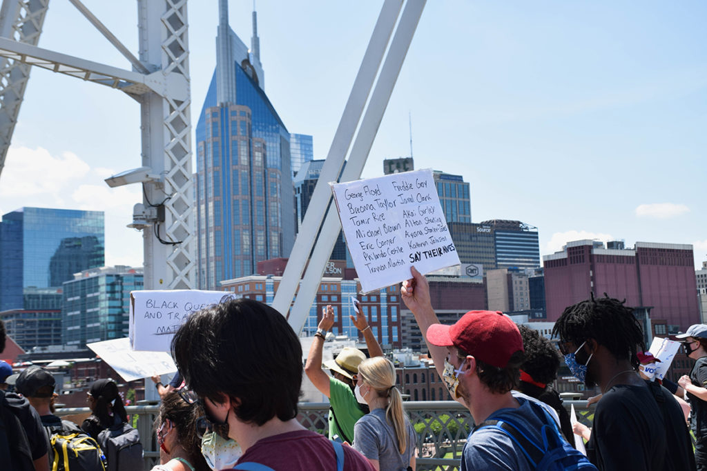 Nashville protest march skyline