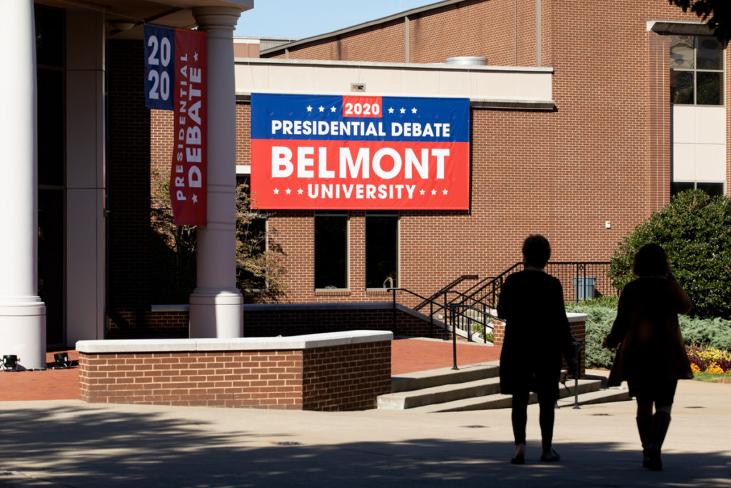 A sign on the campus of Belmont University announces the presidential debate to be held Thursday.