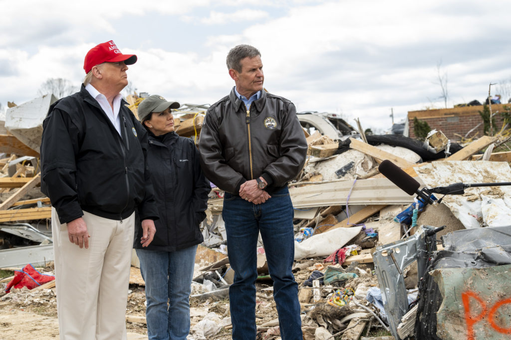 President Donald Trump, Gov. Bill Lee and first lady Maria Lee survey tornado damage in Tennessee in March.