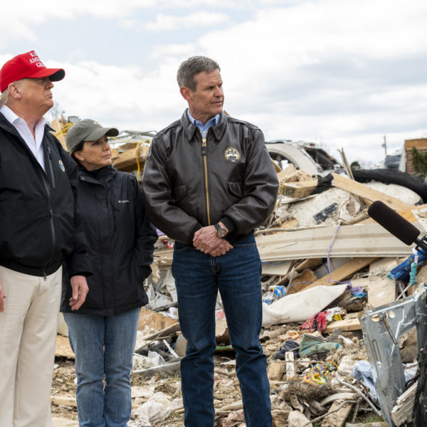 President Donald Trump, Gov. Bill Lee and first lady Maria Lee survey tornado damage in Tennessee in March.