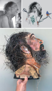 photo of a shirtless man, hunched over; a sketch of the man, made to look younger and tattoed; a three-dimensional collage version of the sketch, with wiry black hair, a beard and a pained expression on his face