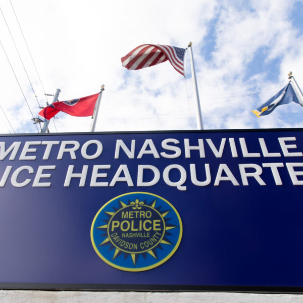 A sign at Metro Nashville Police Headquarters