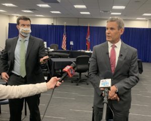 Gov. Bill Lee speaks to reporters during a break in budget hearings.