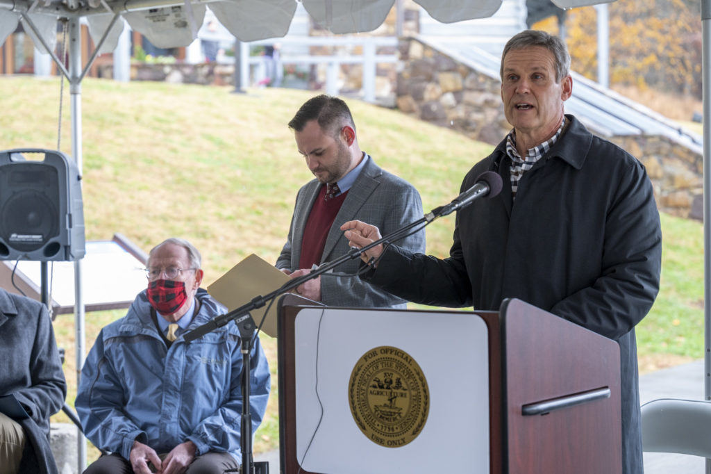 Gov. Bill Lee speaks to a group in Cocke County in late November.