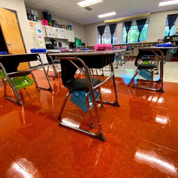 Empty desks in a classroom