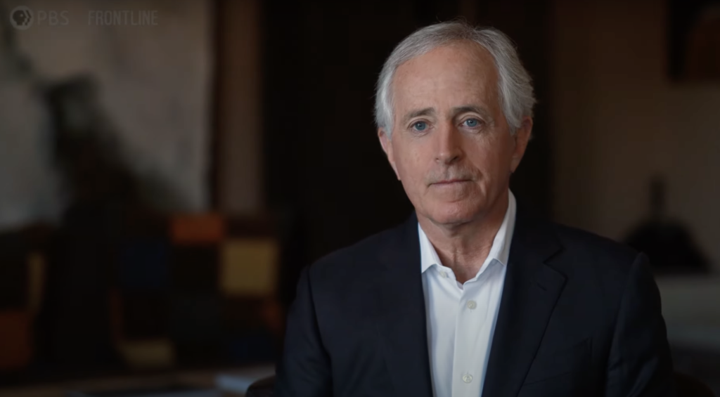 Former Senator Bob Corker giving an interview with PBS' Frontline program.