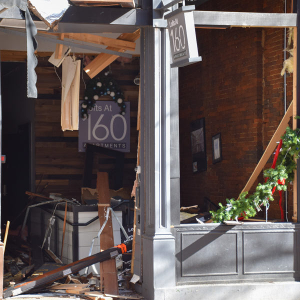 The lobby of Lofts at 160 seen from Second Avenue two weeks after the Christmas Day bombing less than a block away, which heavily damaged the residential complex.