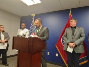 Joe Woolley, head of the Nashville LGBT Chamber, speaks at a press conference in 2020.