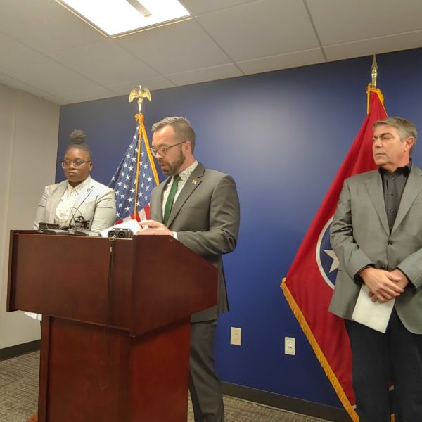Joe Woolley, head of the Nashville LGBT Chamber, speaks at a press conference in 2020.
