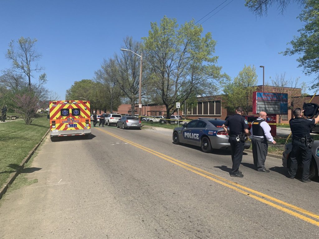 Emergency vehicles outside Knoxville's Austin-East Magnet High School