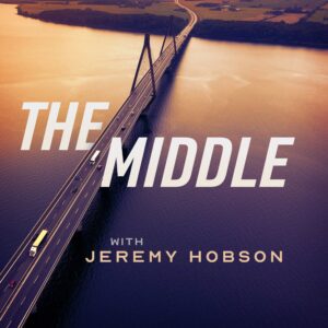 Logo for the public radio program The Middle. The text "The Middle with Jeremy Hobson" is shown over an aerial view of a bridge at sunset.