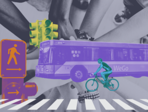 A collage shows a bright purple bus driving into the foreground, flanked by an electric blue bicyclist. To the left are brightly colored traffic and walk signals. All these elements are placed over an image of team hand stack.