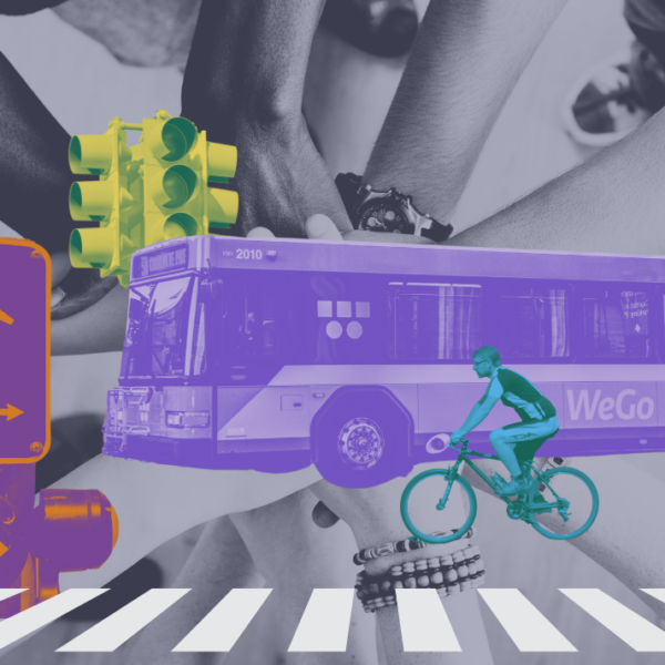 A collage shows a bright purple bus driving into the foreground, flanked by an electric blue bicyclist. To the left are brightly colored traffic and walk signals. All these elements are placed over an image of team hand stack.