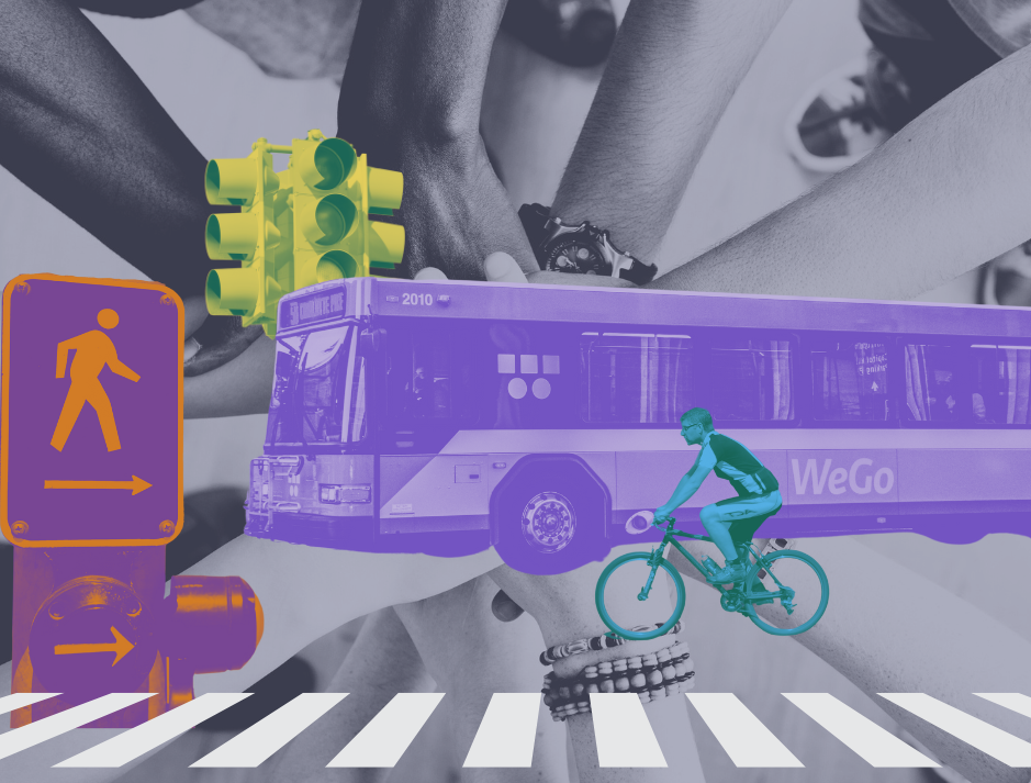 A collage shows a bright purple bus driving into the foreground, flanked by an electric blue bicyclist. To the left are brightly colored traffic and walk signals. All these elements are placed over an image of team hand stack.