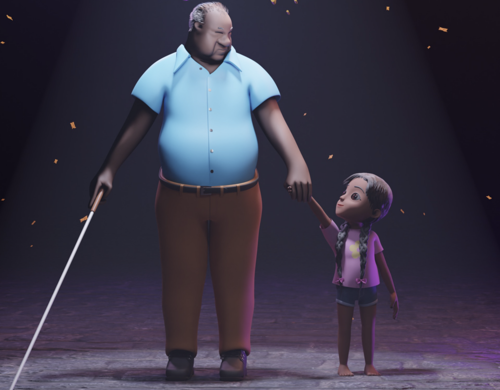 A movie poster featuring an elderly blind man with a white cane holding the hand of his young granddaughter, who wears a pink t-shirt and pigtails. Both figures are 3D-animated.