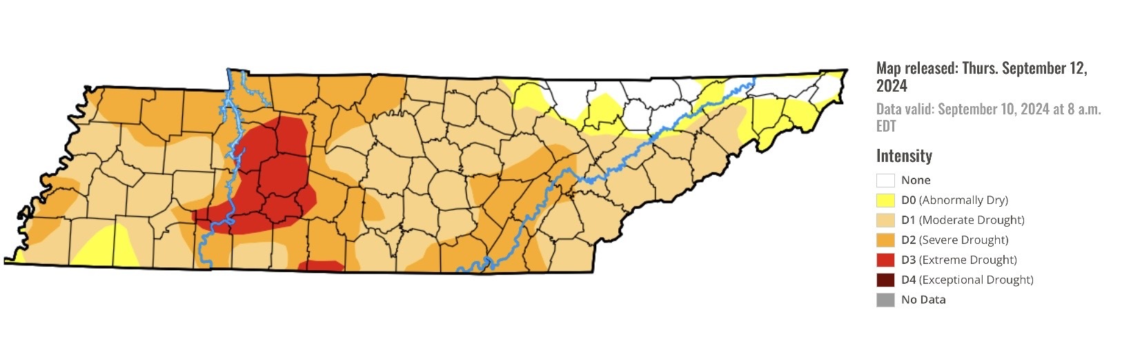 A map of drought in Tennessee during September 2024.