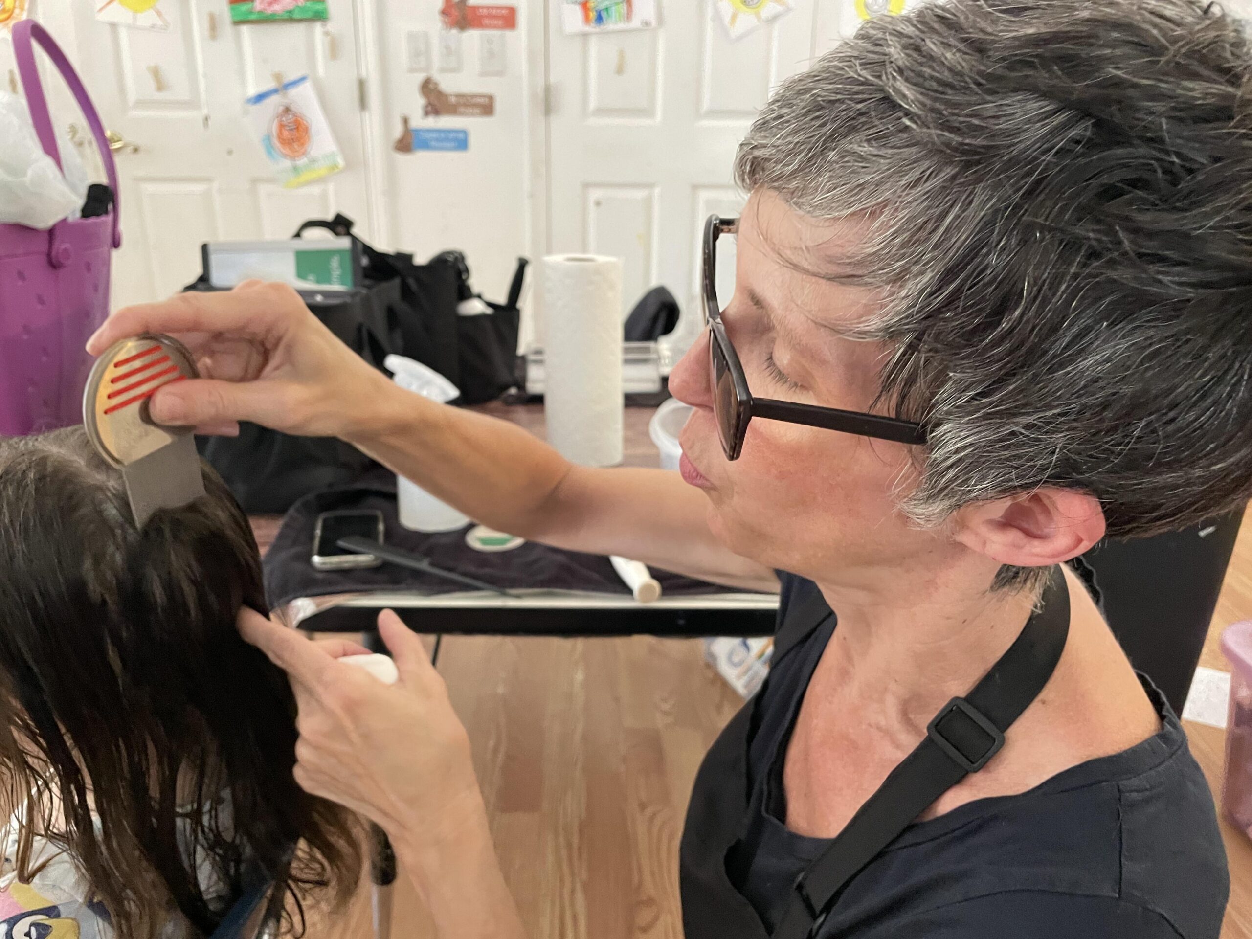Evelyn Thompson of Lice Is Simple checks the head of a student at a preschool that experienced a lice outbreak. Thompson is behind the child and is running a special comb through the child's hair.
