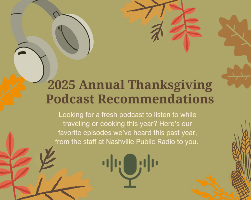 Fall theme brown and green graphic for 2025 Thanksgiving Podcast Recommendations