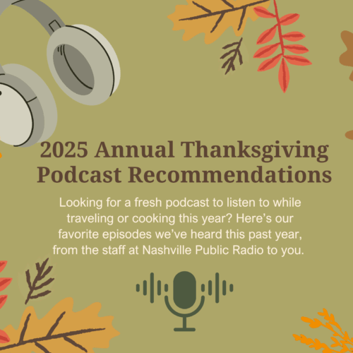Fall theme brown and green graphic for 2025 Thanksgiving Podcast Recommendations