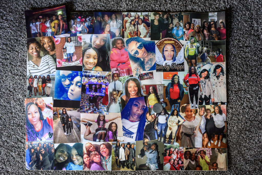 Dozens of printed photographs collected together into a rectangle. The photos show Temptress as a child and adult, often posing with her friends and family.