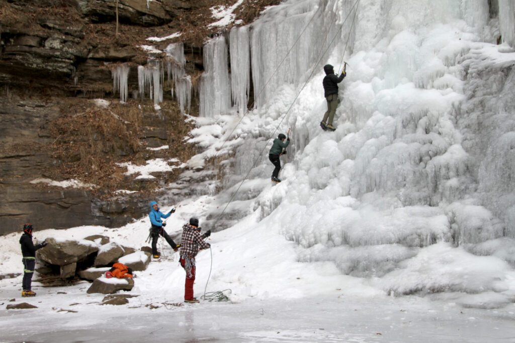 Cathedral Falls in Fayette County froze over with the recent cold snap, giving local rock climbers a new challenge.