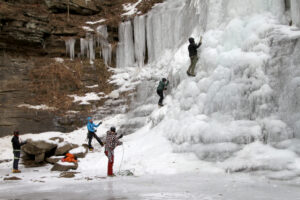 Cathedral Falls in Fayette County froze over with the recent cold snap, giving local rock climbers a new challenge.