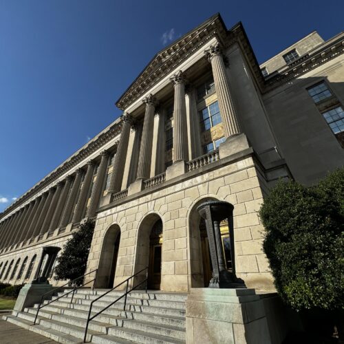 The front entrance of the Gene Snyder Courthouse in downtown Louisville