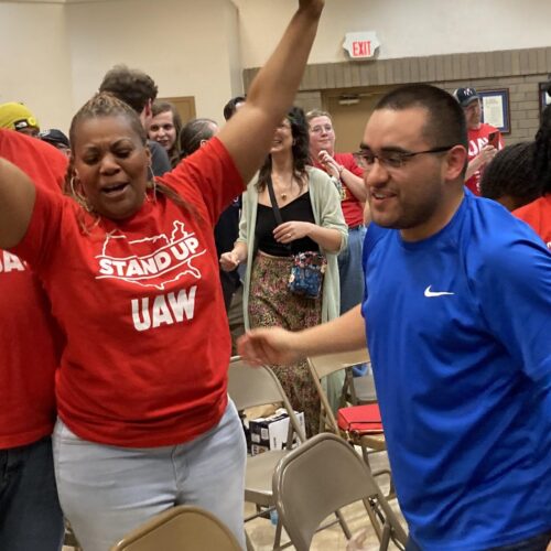 Volkswagen assembly plant workers in Chattanooga, Tenn. and supporters celebrate the factory joining the United Auto Workers union on April 19, 2024.