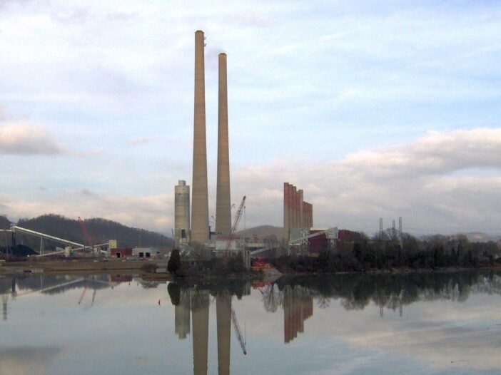 The Kingston Fossil Plant, built and operated by the Tennessee Valley Authority, viewed from Interstate 40 near Kingston, Tennessee.