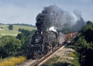 Big Emma 1977 hauls empty coal cars from Winchester to Ravenna, Kentucky, in June 1956. The big locomotive was retired that year and scrapped in 1959.