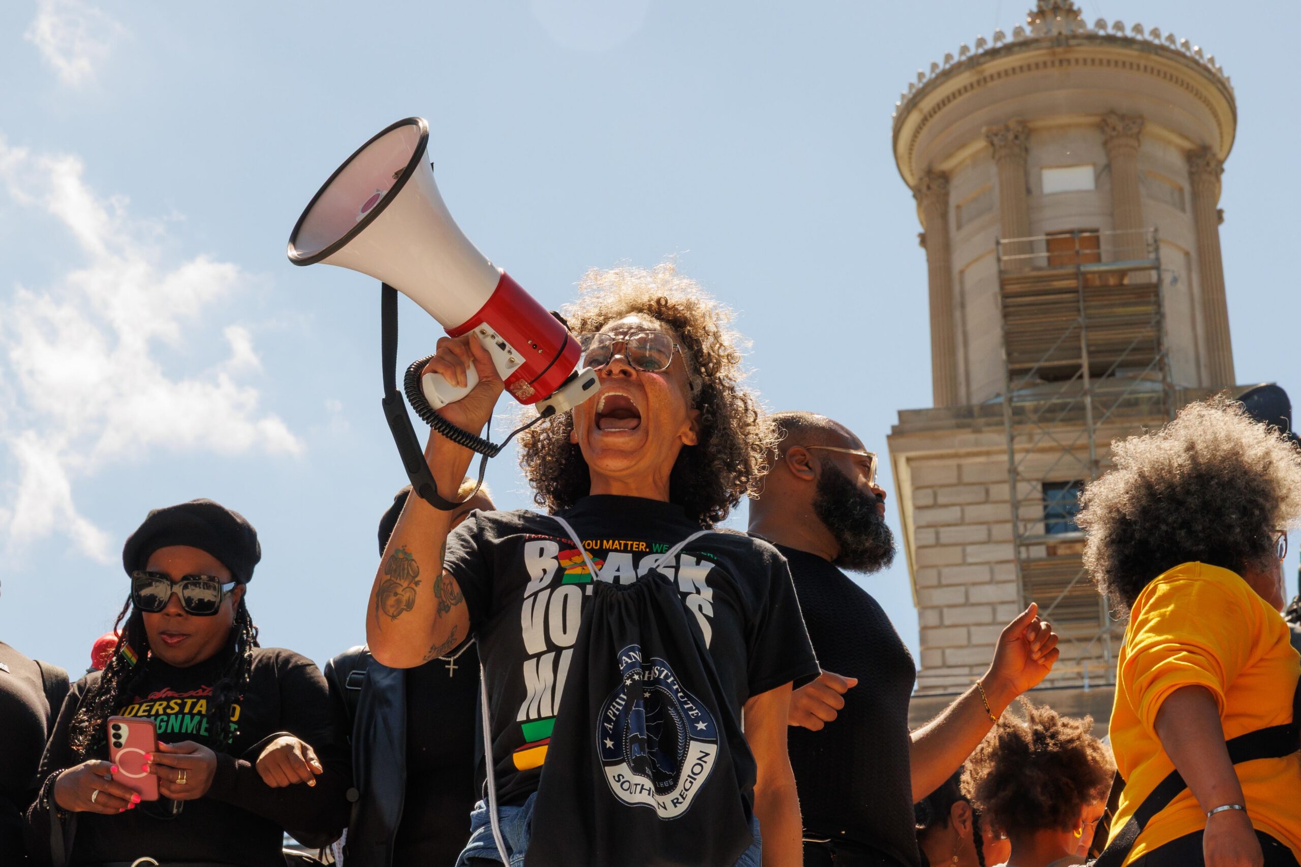 Demonstrators against the redrawing of Tennessee's congressional maps following the approval of a new congressional map during a special legislative session at the Tennessee State Capitol in Nashville, Tenn. on May 7.