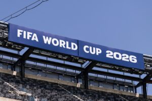 A view of World Cup signage at New York New Jersey Stadium on May 19 in East Rutherford, N.J., one of 11 sites where matches will be played in the U.S.