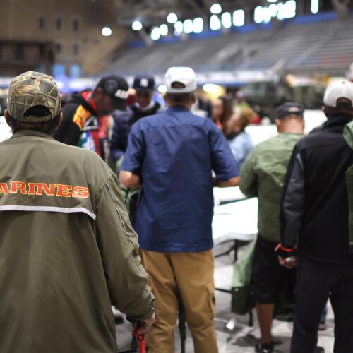 Military veterans are given food, clothing and other supplies during a Stand Down event designed to help veterans who are homeless or housing insecure on June 16, 2023 in Chicago.