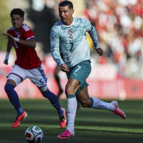 Portugal's Cristiano Ronaldo dribbles the ball during the international friendly football match between Portugal and Chile at Estadio Nacional do Jamor in Oeiras, on June 6.