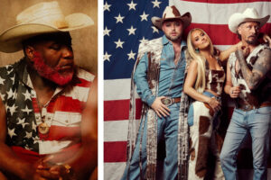 Country artist Pynk beard wears a vest featuring the stars and stripes. The band the Cowgays is also seen posing in front of Old Glory.