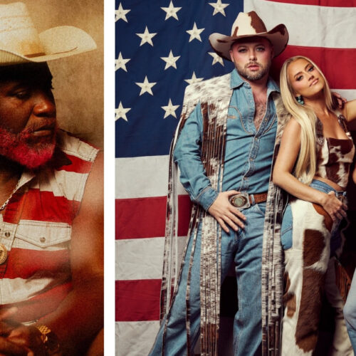 Country artist Pynk beard wears a vest featuring the stars and stripes. The band the Cowgays is also seen posing in front of Old Glory.