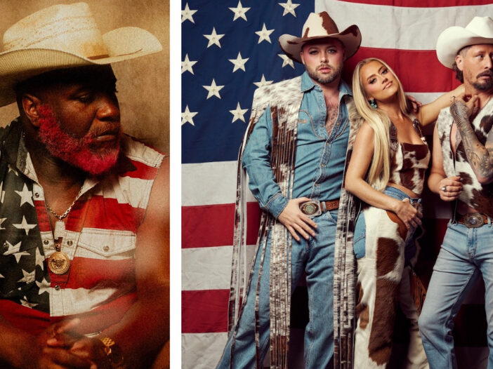 Country artist Pynk beard wears a vest featuring the stars and stripes. The band the Cowgays is also seen posing in front of Old Glory.