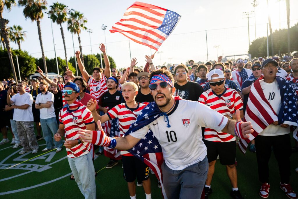 Fans react during a watch party for the World Cup Round of 32 soccer match between the United States and Bosnia in Carson, Calif. on July 1, 2026.