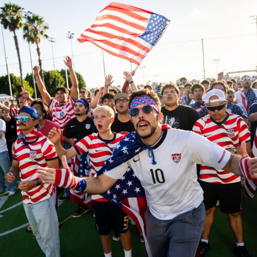Fans react during a watch party for the World Cup Round of 32 soccer match between the United States and Bosnia in Carson, Calif. on July 1, 2026.