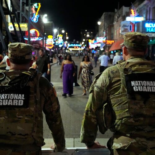 Members of the National Guard stand watch on Beale St., Friday, July 17, 2026, in Memphis, Tenn.