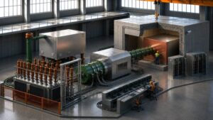 An artist rendering shows a large gray room with complex equipment and people in hardhats working near it.
