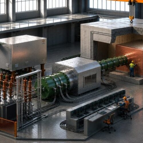 An artist rendering shows a large gray room with complex equipment and people in hardhats working near it.