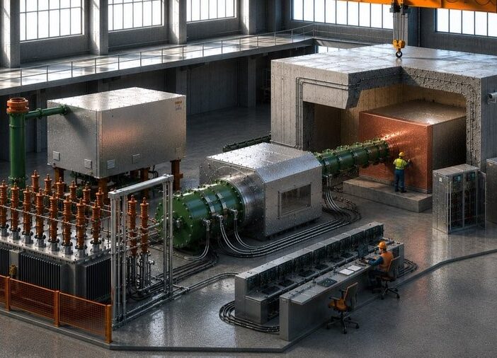 An artist rendering shows a large gray room with complex equipment and people in hardhats working near it.