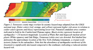 Tennessee's proposal to host a Nuclear Lifecycle Innovation Campus included a map highlighting four counties on the Cumberland Plateau where earthquakes are scarce and the state's nuclear sites are relatively closeby.