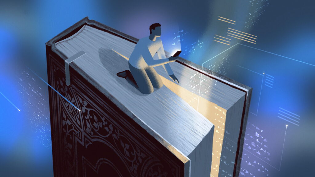 An illustration of a person sitting on top of a giant religious book while looking at their phone. Annotated screens appear near the book.