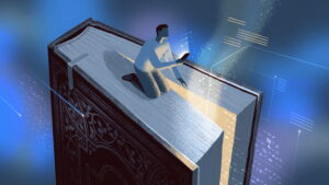 An illustration of a person sitting on top of a giant religious book while looking at their phone. Annotated screens appear near the book.