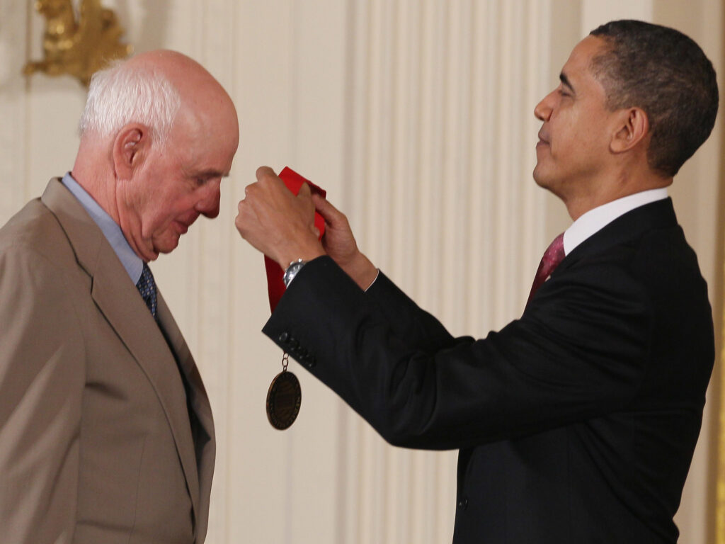 President Barack Obama presents the 2010 National Humanities Medal to Wendell E. Berry during a White House ceremony in 2011.